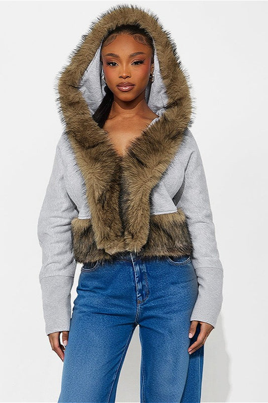 Short Loose Thick Pieced Fur Trim Hoodie image 5