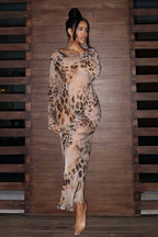 Round Neck Long Sleeve Leopard Print Bodycon Maxi Dress image 8