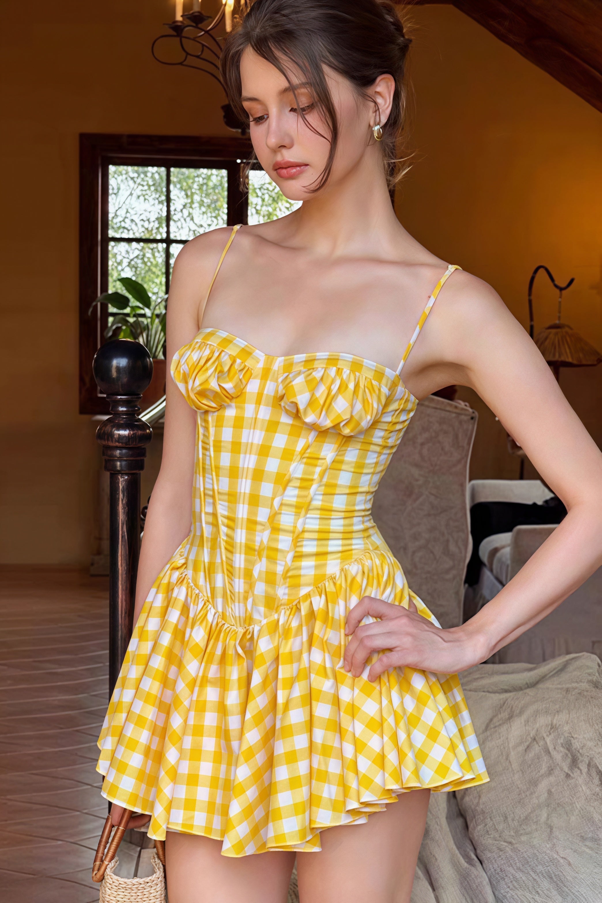 Plaid Bandeau Flared Waist Mini Dress image 1