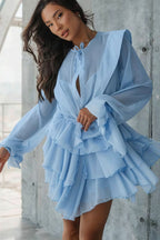 Long Sleeve Tie Mesh Sheer Tiered Mini Dress image 1
