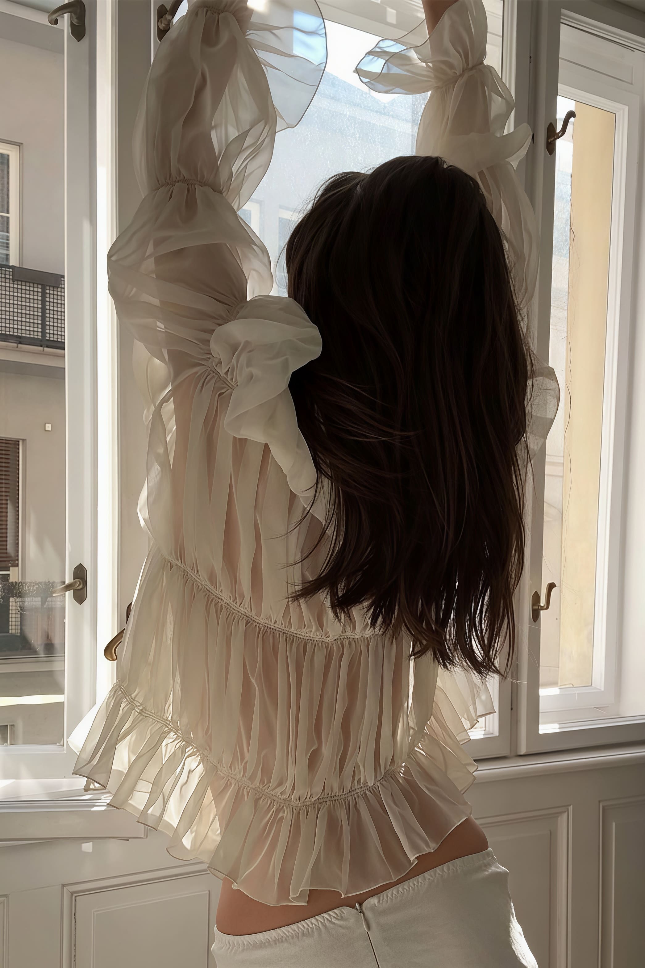 Solid Ruched Ruffle Tie Blouse image 3