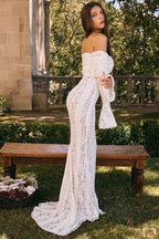 Off Shoulder Lace Flare Sleeve Fitted Train Elegant Maxi Dress image 4