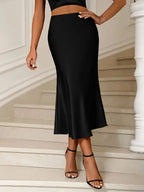 Seraphine Satin Skirt detail view styled for Avrienne