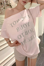 Letter Print Pink Off‑Shoulder T‑shirt image 1