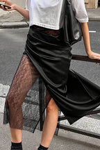 Satin Wrap Lace Slit Asymmetrical Skirt image 2