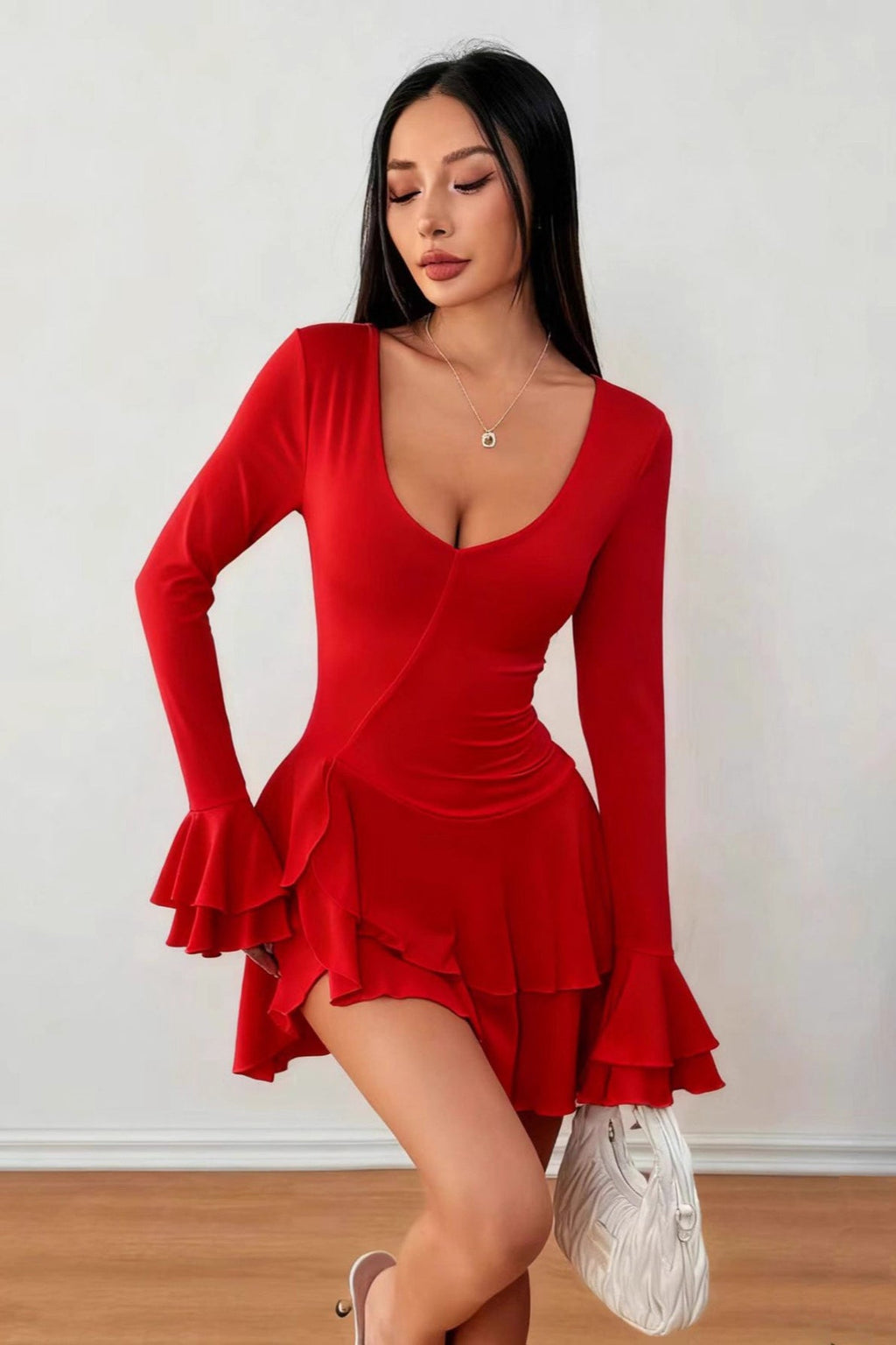 High Waist Slim Fit Solid Color Long Sleeve Mini Dress image 2