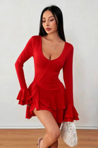 High Waist Slim Fit Solid Color Long Sleeve Mini Dress image 2