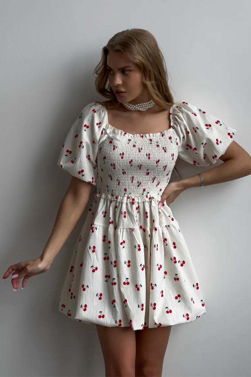 Printed Puff Sleeve Waist Slim Mini Dress image 2