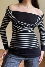Fitted Striped Off Shoulder Long Sleeve Blouse image 2