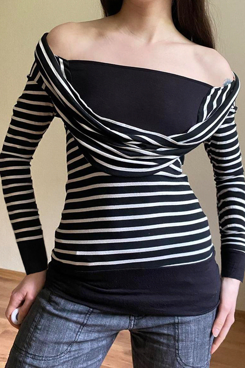 Fitted Striped Off Shoulder Long Sleeve Blouse image 2