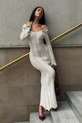 Elegant U Neck Knit Flare Sleeve Sheer Cutout Bodycon Maxi Dress image 1