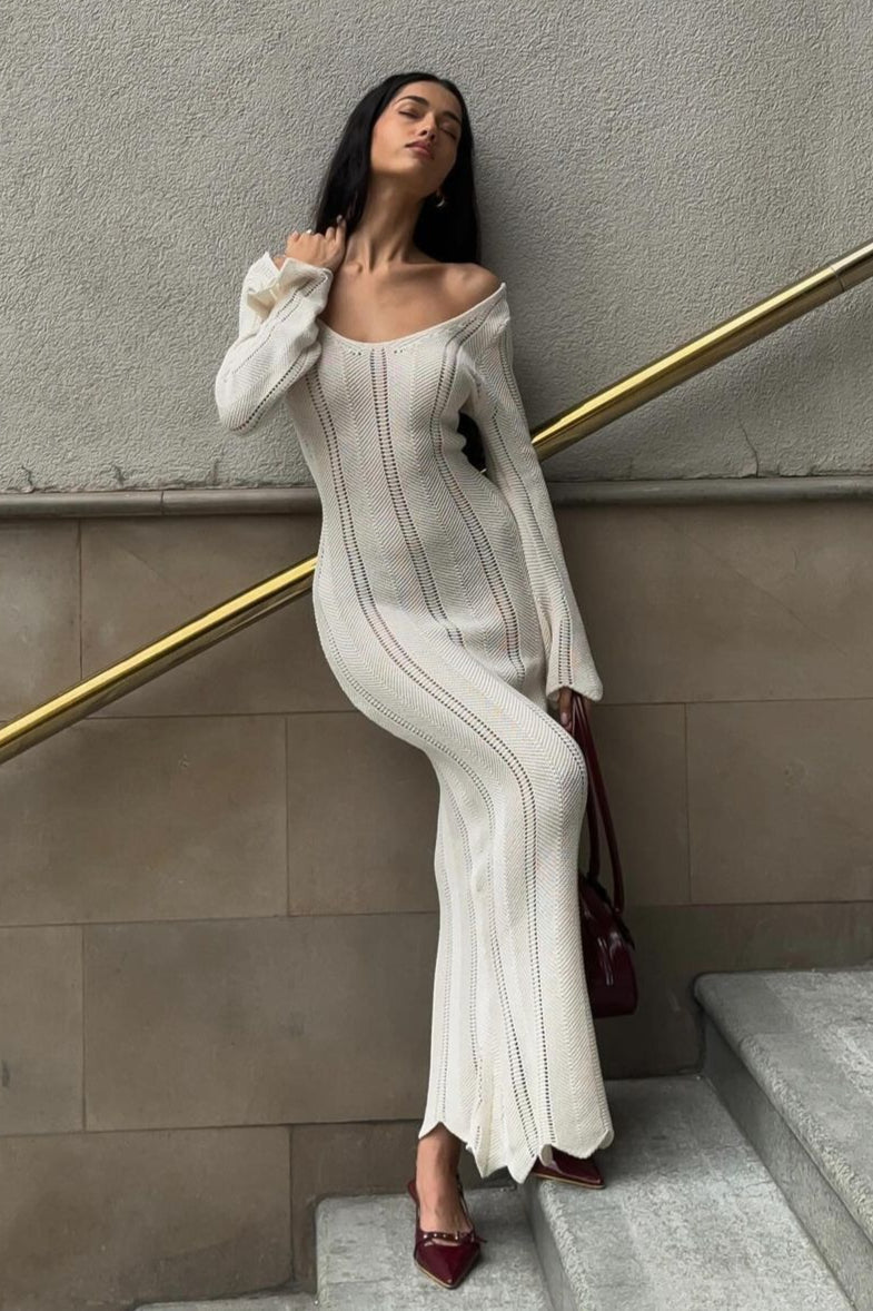 Elegant U Neck Knit Flare Sleeve Sheer Cutout Bodycon Maxi Dress image 1
