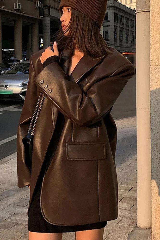 Black PU Leather Blazer Jacket image 2