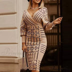 Deep - Party - V-Neck Plaid Gown Long Hip Streetwear Arm Spring Casual Autumn Gown Striped Vestidos image 4