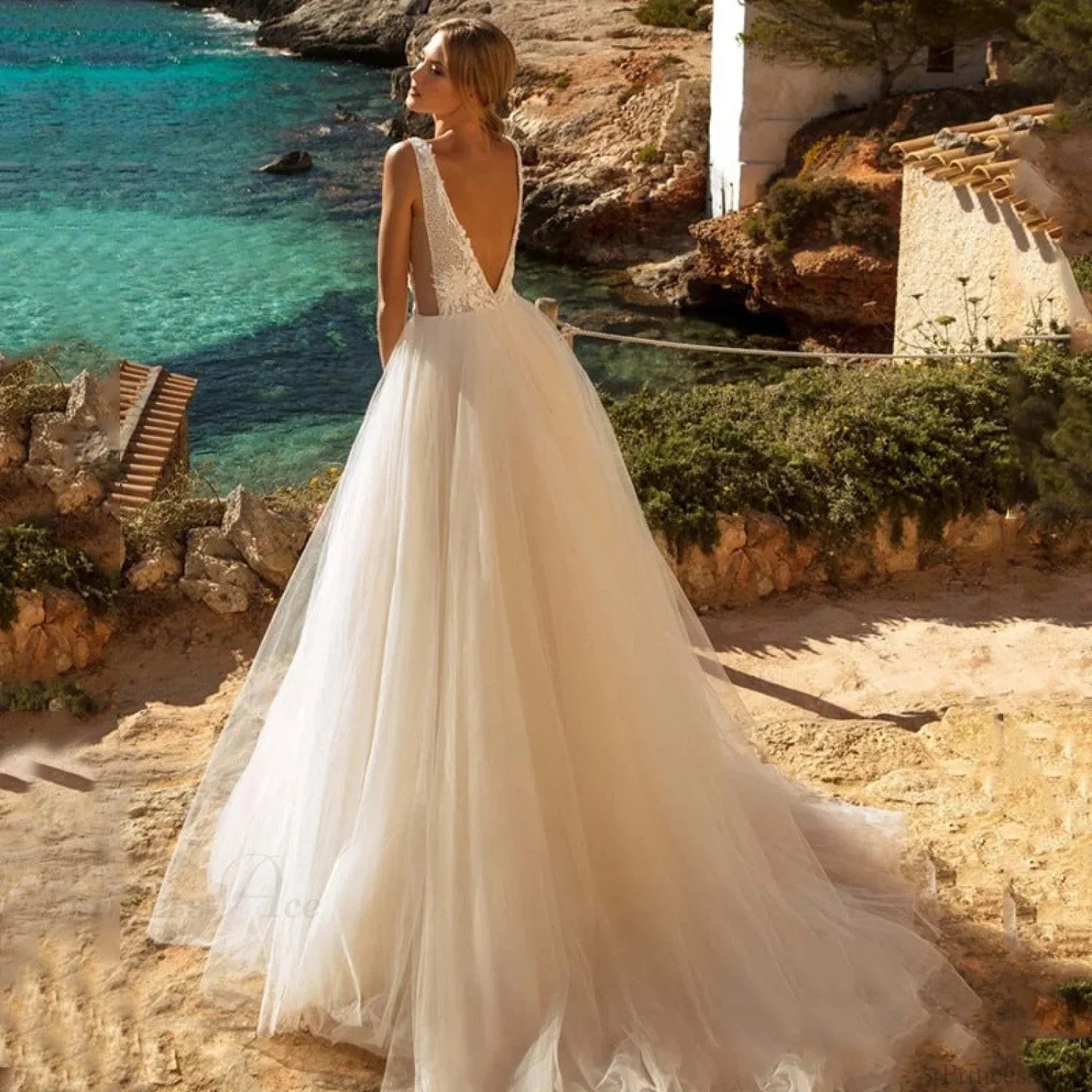 Deep V-Neck Backless Sheer Wedding Dress image 1