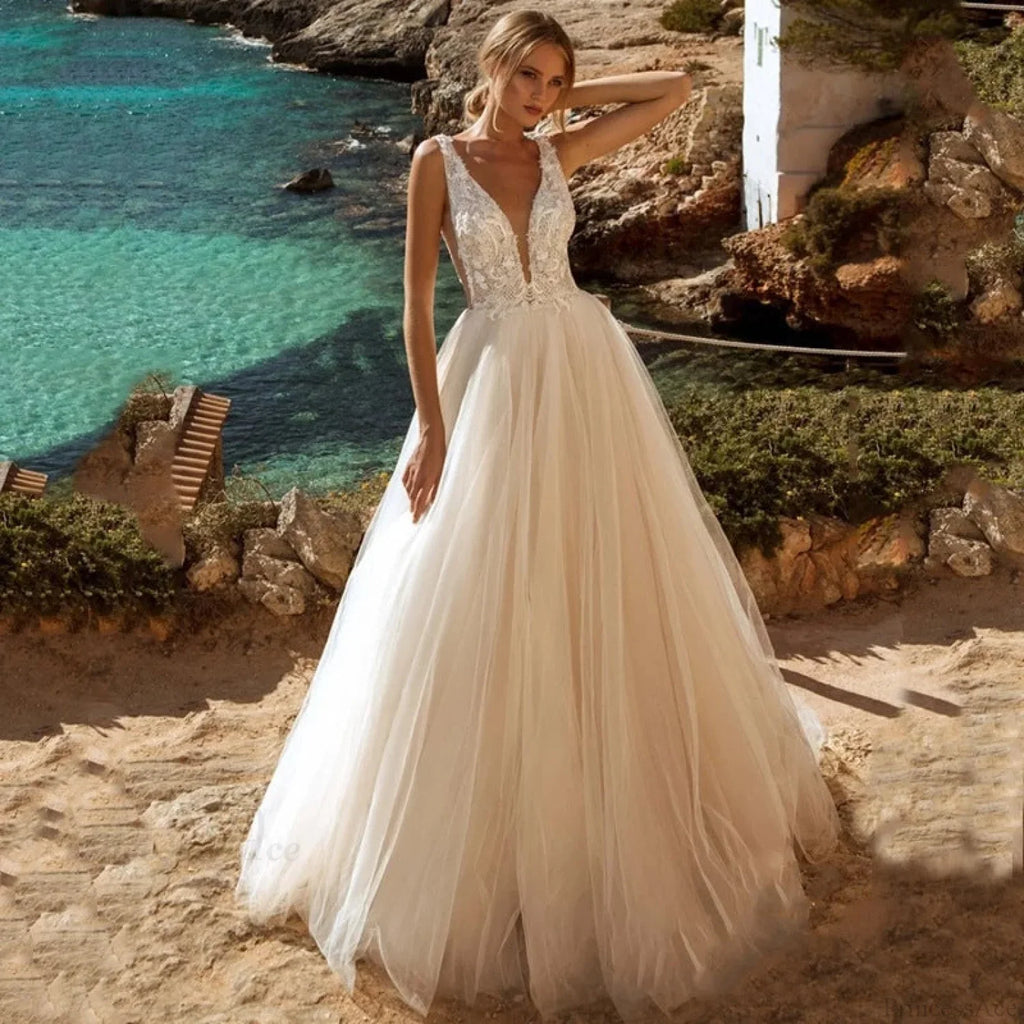 Deep V-Neck Backless Sheer Wedding Dress image 3