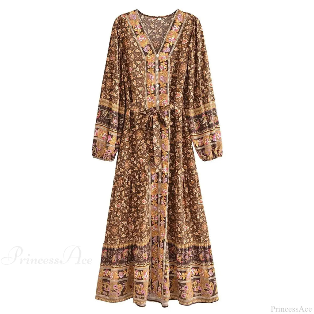 Deep V-neck Floral Long Sleeve Cotton Boho Dress image 3