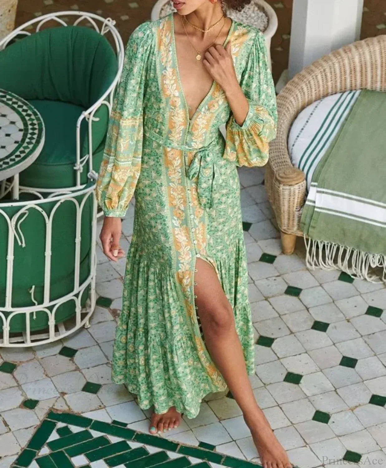 Deep V-neck Floral Long Sleeve Cotton Boho Dress image 1