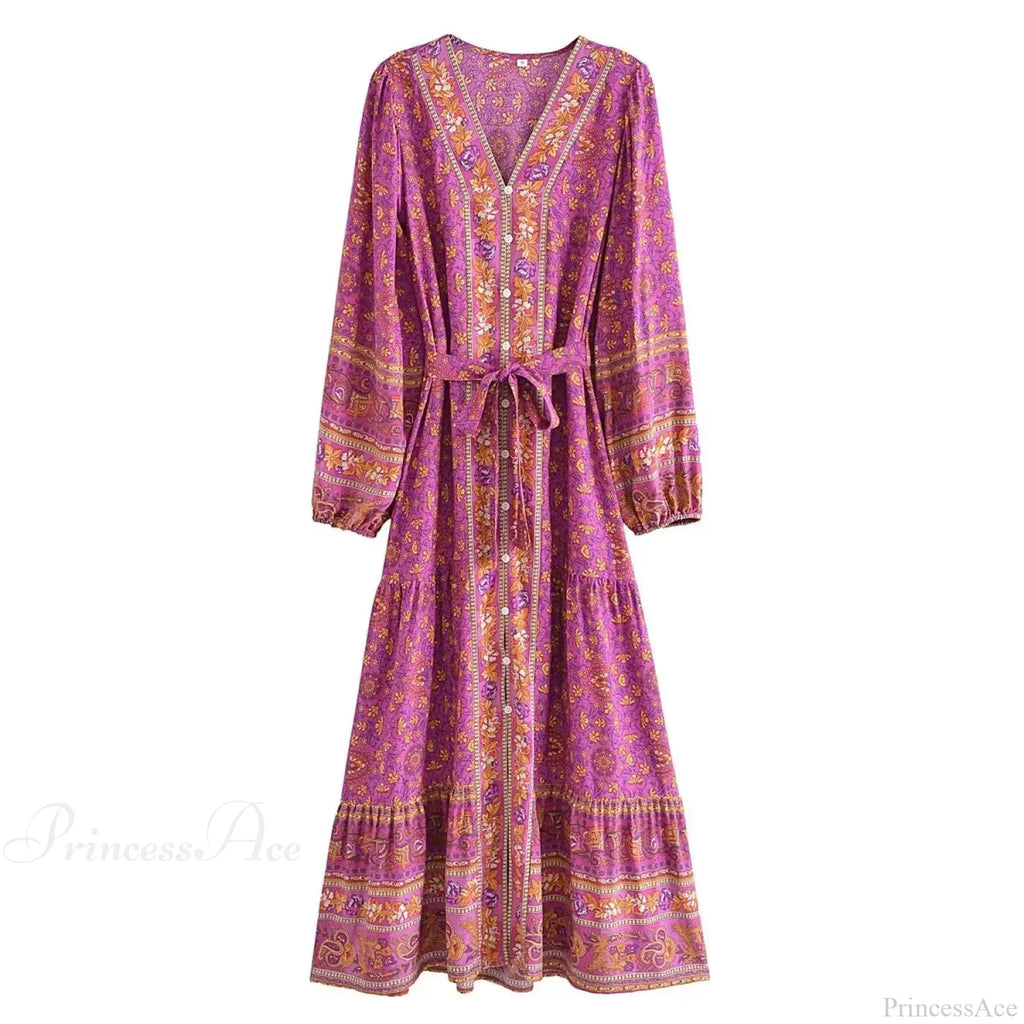Deep V-neck Floral Long Sleeve Cotton Boho Dress image 2