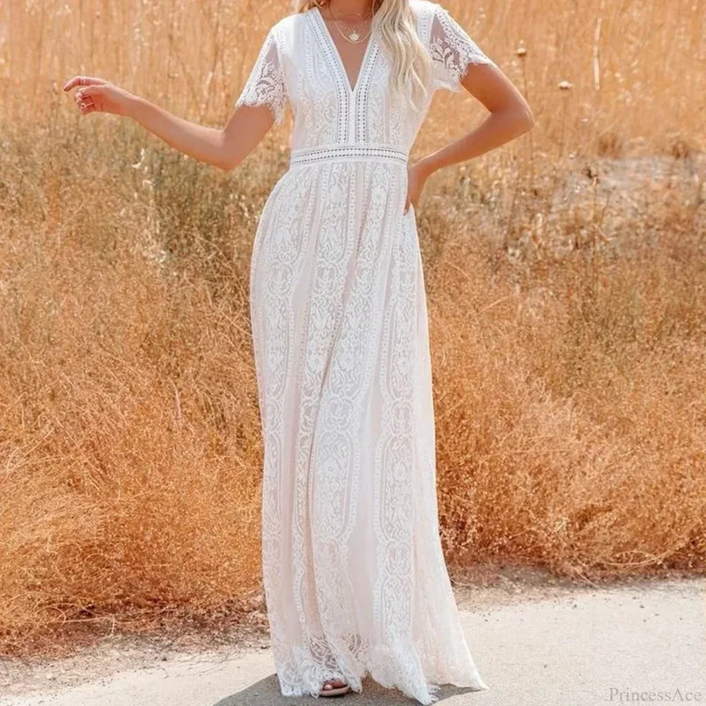 Deep V-neck Lace Hollow Out Vintage White Boho Dress image 1