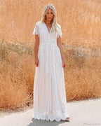 Deep V-neck Lace Hollow Out Vintage White Boho Dress image 2