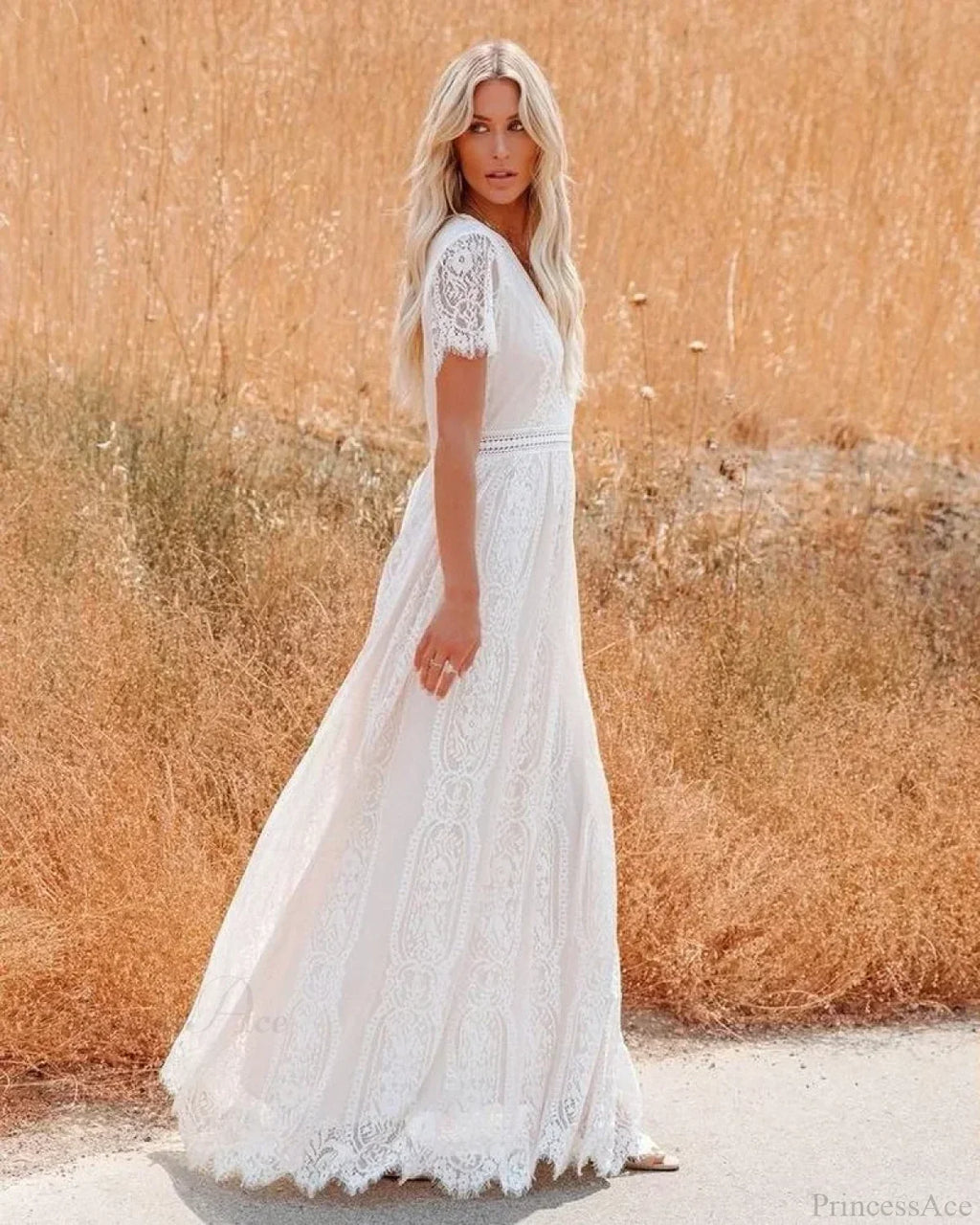 Deep V-neck Lace Hollow Out Vintage White Boho Dress image 3