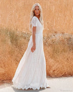 Deep V-neck Lace Hollow Out Vintage White Boho Dress image 3