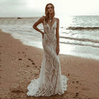 Deep V-Neck Lace Mermaid Wedding Dress image 1
