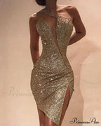 Deep V-Neck Sequined Backless Slit Mini Dress image 1