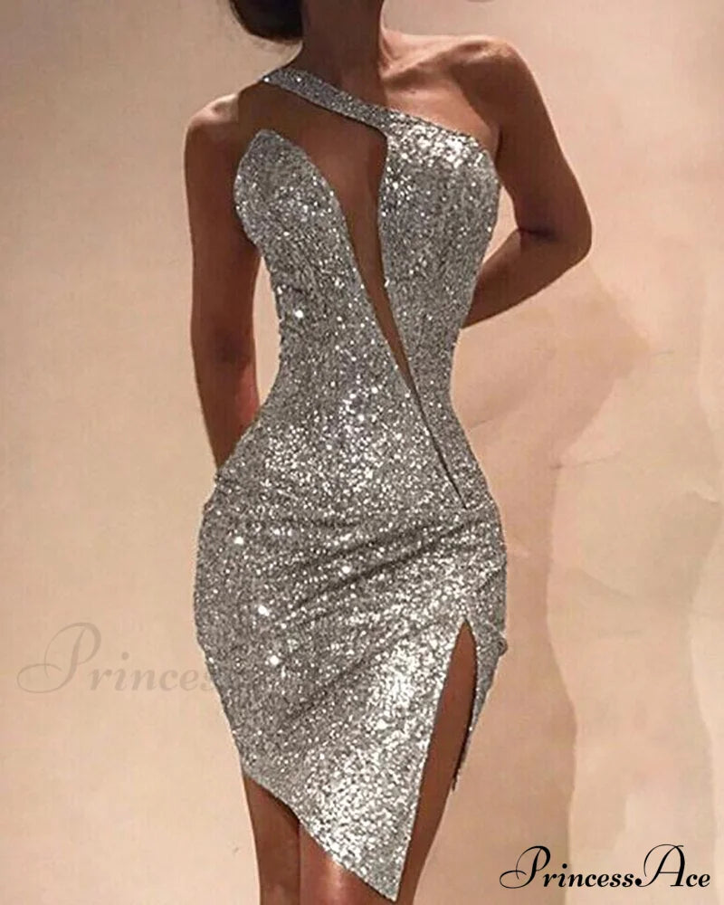 Deep V-Neck Sequined Backless Slit Mini Dress image 3