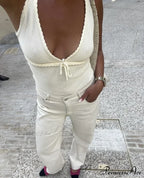 Deep V-Neck Stylish White Seam Top image 7