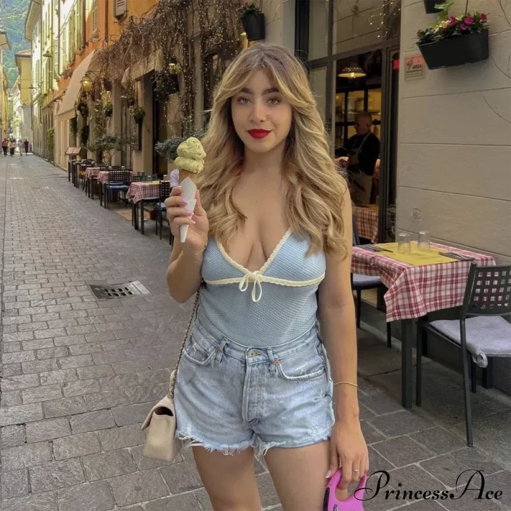 Deep V-Neck Stylish White Seam Top image 23