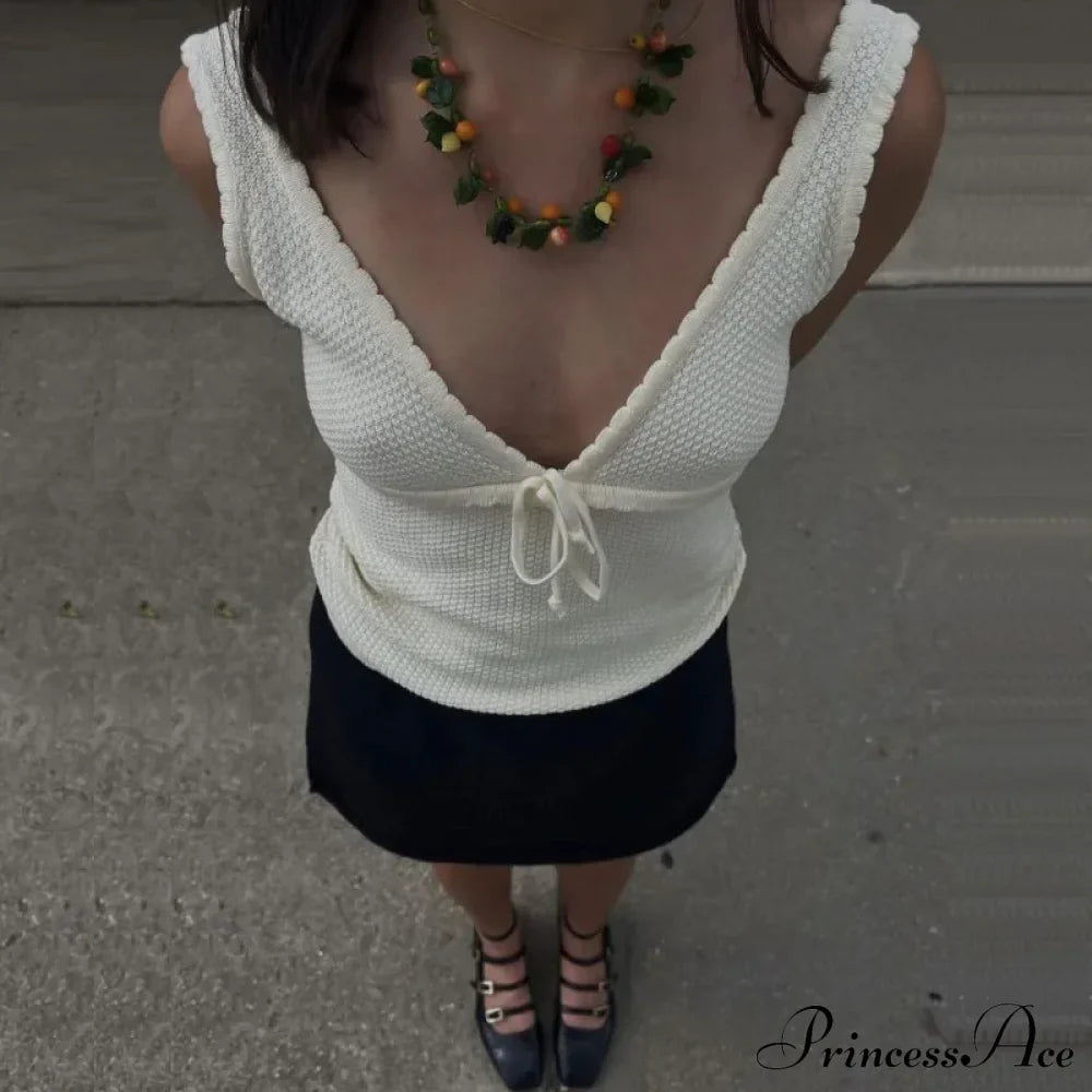 Deep V-Neck Stylish White Seam Top image 15
