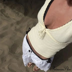 Deep V-Neck Stylish White Seam Top image 16