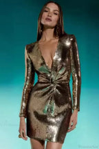 Deep V Sequin Long Sleeve Bodycon Prom Dress image 3