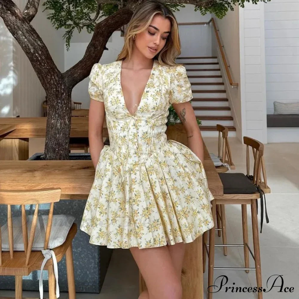 Deep V Short Sleeve Mini Women's Lined Fashion Ball Gown Club Party OutFit Summer Floral Dress image 1