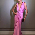 Deep V Sleeveless Backless Solid Color Prom Dress image 2