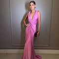 Deep V Sleeveless Backless Solid Color Prom Dress image 1