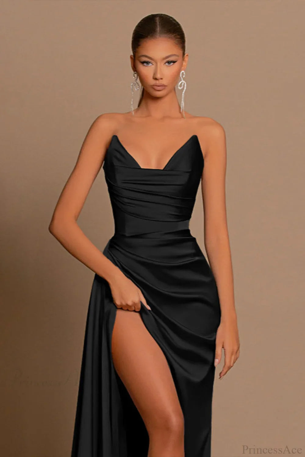 Deep V Waist-Cinched Satin Split Bodycon Party Dress image 4