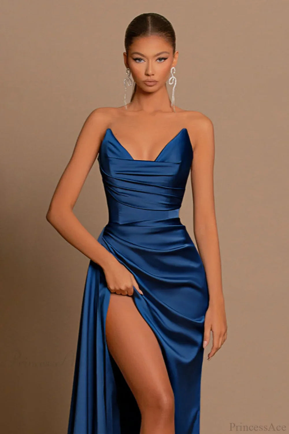Deep V Waist-Cinched Satin Split Bodycon Party Dress image 2
