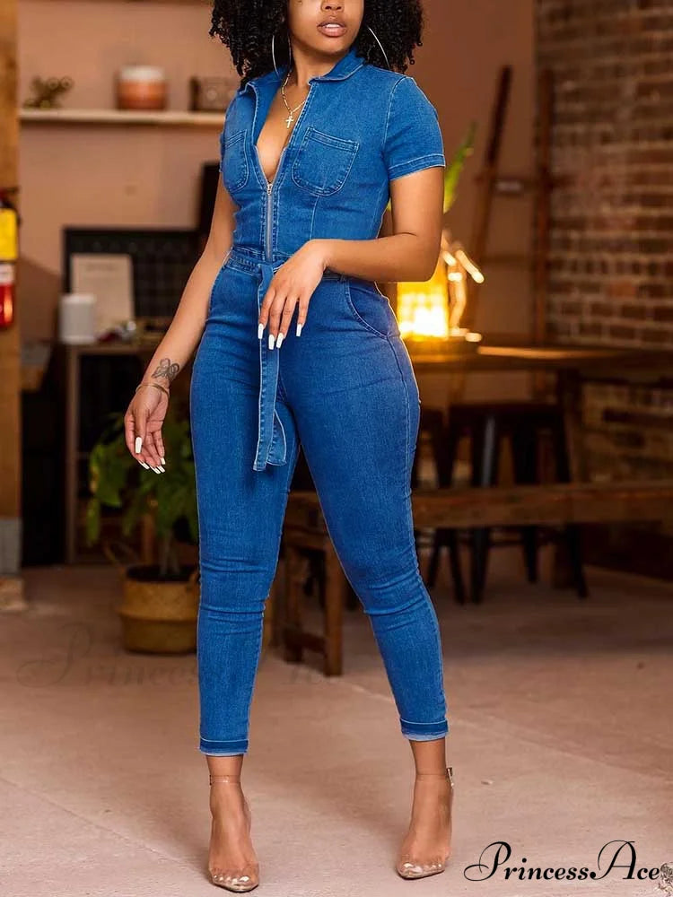 Stylish Vintage V-Neck Denim Jumpsuit image 1