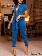 Stylish Vintage V-Neck Denim Jumpsuit image 1