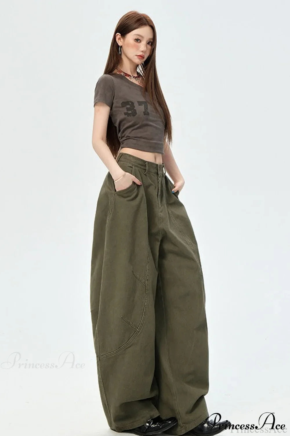 Denim Curved Loose Straight Cargo Pants image 1
