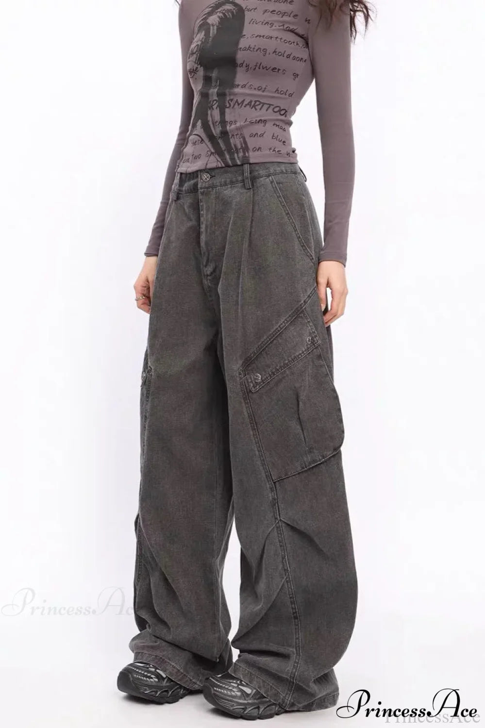 Denim Large Pocket Wide-Leg Cargo Pants image 2