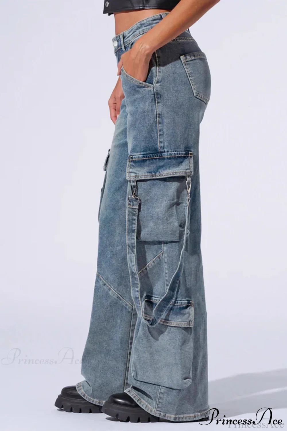Denim Multi-Pocket Wide-Leg Cargo Pants image 3