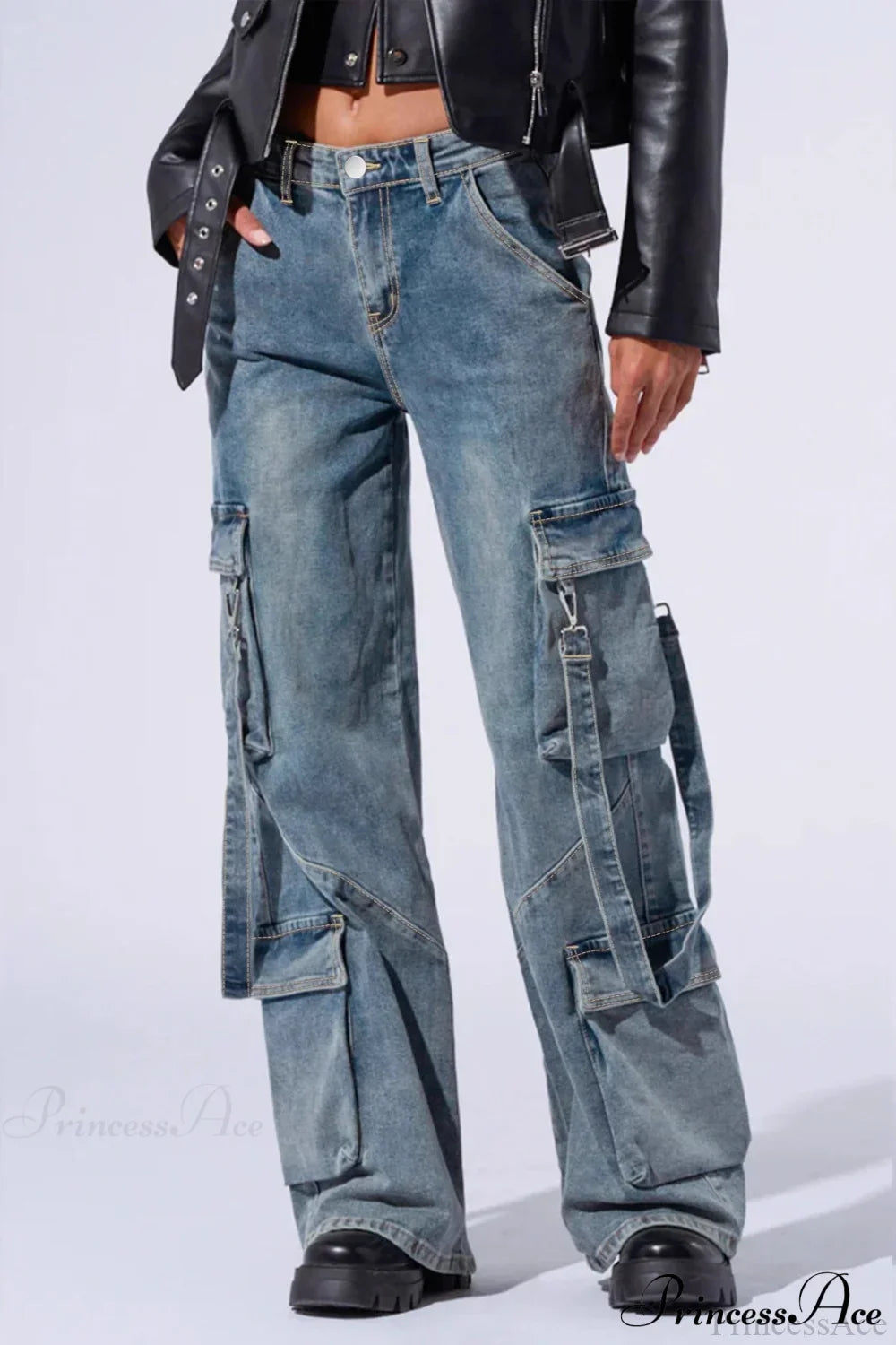 Denim Multi-Pocket Wide-Leg Cargo Pants image 1