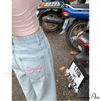 Denim Pink Pocket Charming Bow Embroidery Jeans image 3