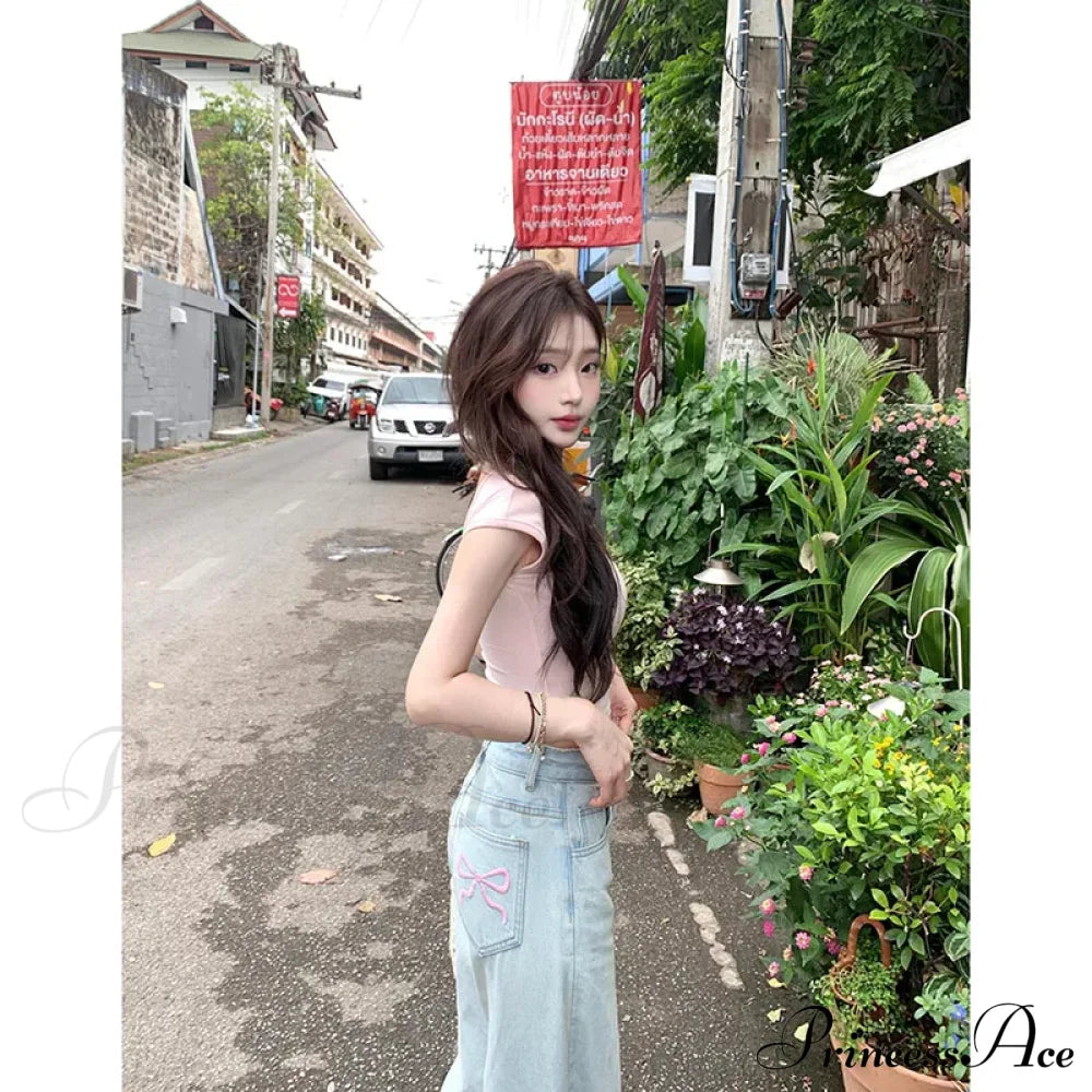 Denim Pink Pocket Charming Bow Embroidery Jeans image 5