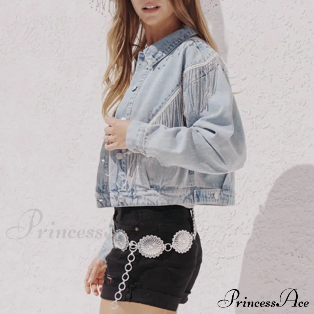 Denim Turndown Collar Splice Rhinestone Tassel Long Sleeve Loose Button Woman Clothing Warm Chic Stylish Elegant Fashionable Versatile Jacket image 2