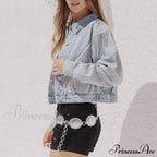 Denim Turndown Collar Splice Rhinestone Tassel Long Sleeve Loose Button Woman Clothing Warm Chic Stylish Elegant Fashionable Versatile Jacket image 2